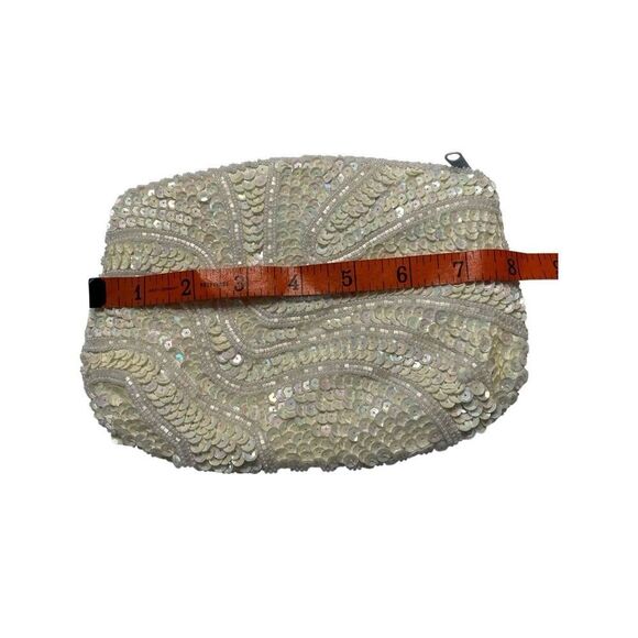 Vintage Ivory Beaded Sequin Clutch Bridal Purse 80s Formal Small Handbag Wedding - Picture 5 of 8